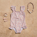 Costum de baie cu protectie UV 50+ - Little Pink Flowers - Vintage Pink - Marimea 62/68 - Little Dutc